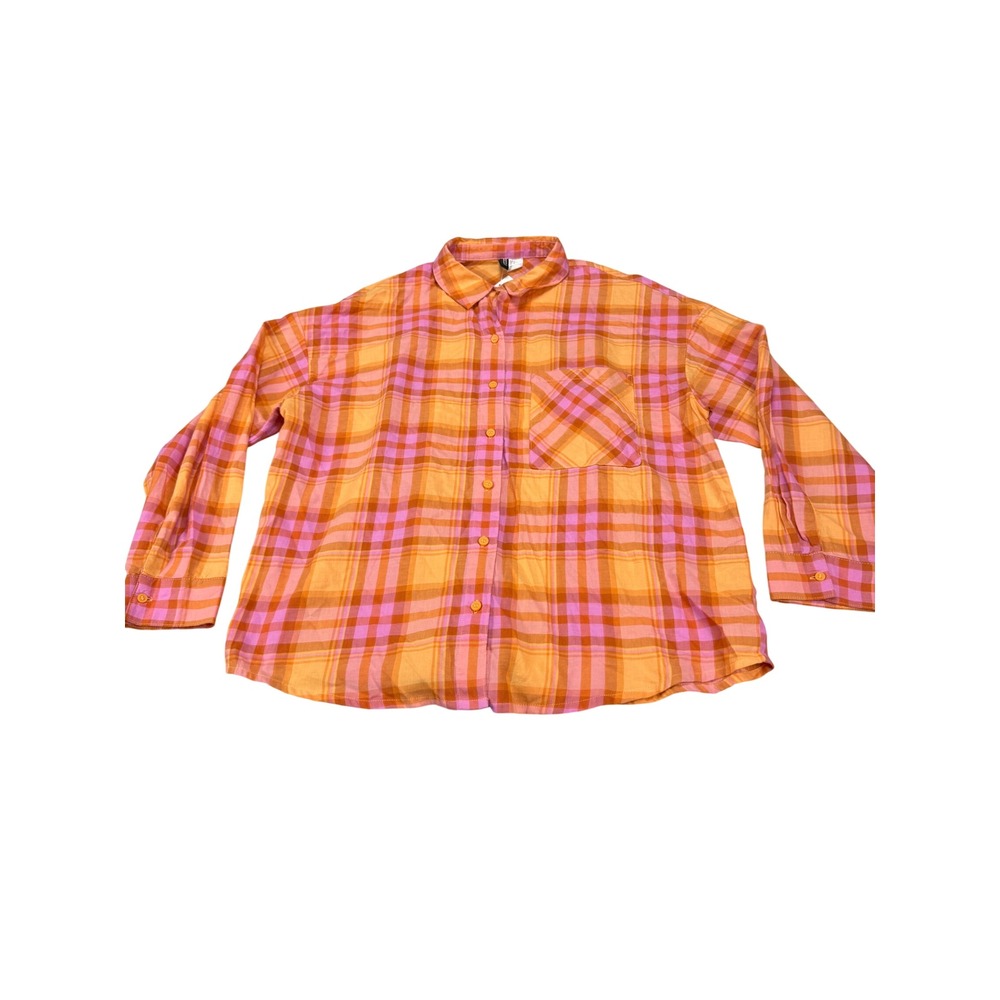 H&M Divided Orange Pink Plaid Button Down Shirt Womens Small Oversized Cotton